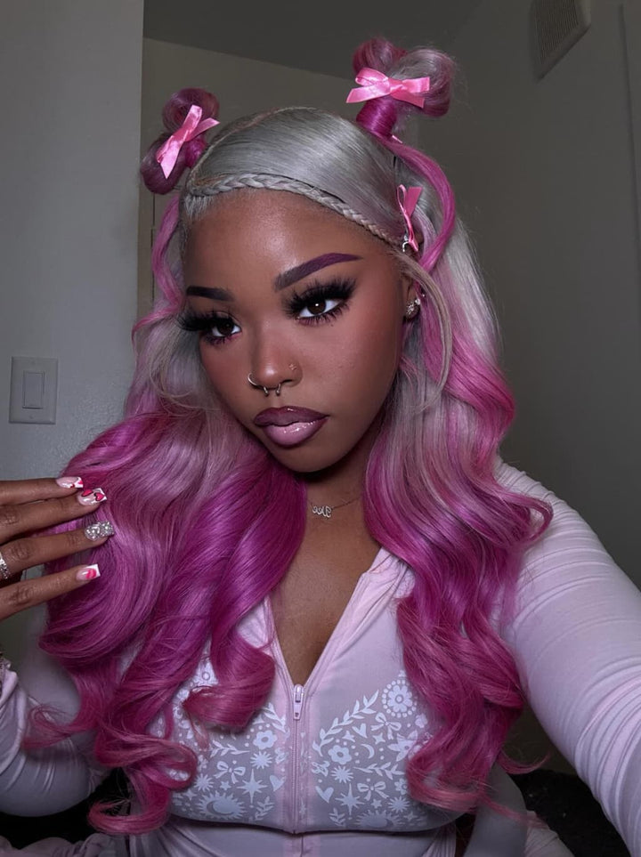 Dorsanee Two Tone Ombre Platinum Silver Gray Vibrant Bubblegum Fuchsia Pink 13x4 Lace Front Human Hair Wig