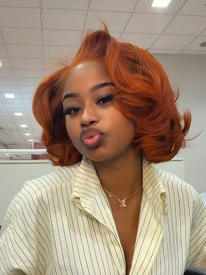 Dorsanee Vibrant Pumpkin Copper Orange Short Bob Body Wave Curls 13x4 Lace Front Human Hair Wig