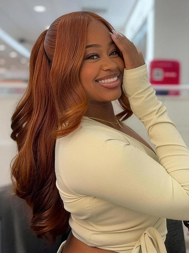 Dorsanee Vibrant Pumpkin Copper Orange Short Bob Body Wave Curls 13x4 Lace Front Human Hair Wig