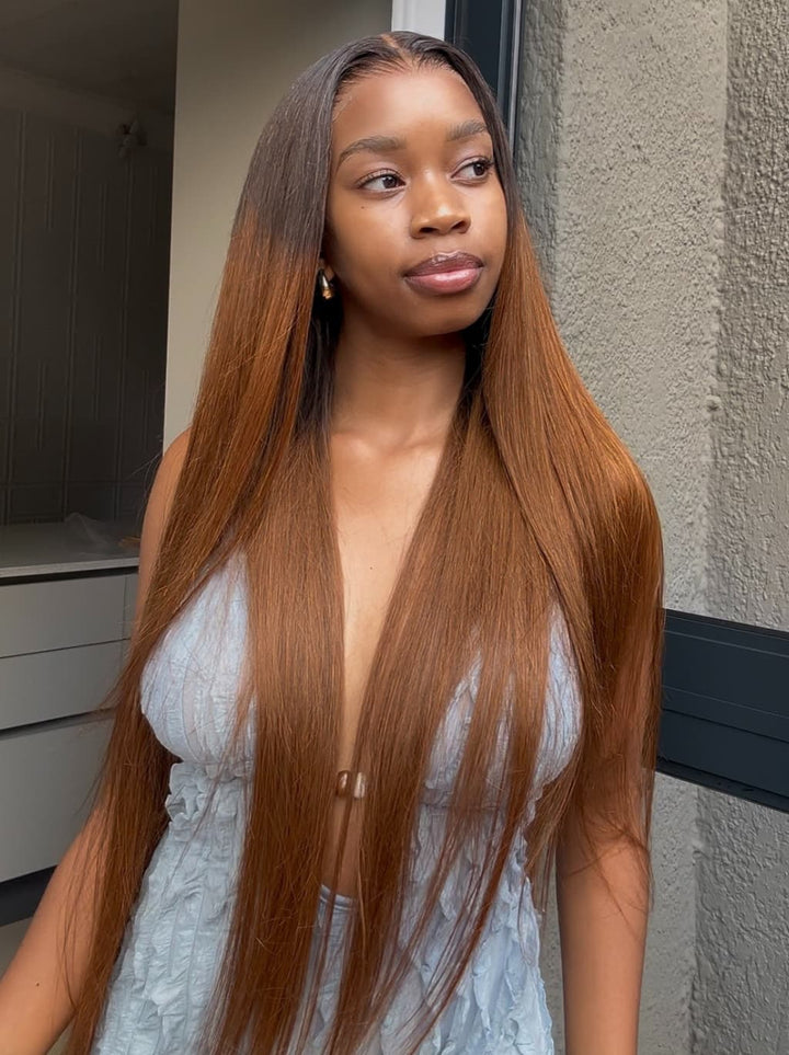 Dorsanee Warm Chestnut Brown with Dark Roots Bone Straight 13X4 Lace Front Human Hair Wigs 250 300 Density