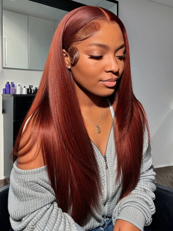 Reddish Brown Straight 13x4/5x5 Lace Frontal Wig HD Transparent Human Hair Wigs Auburn Colored 33# Wig
