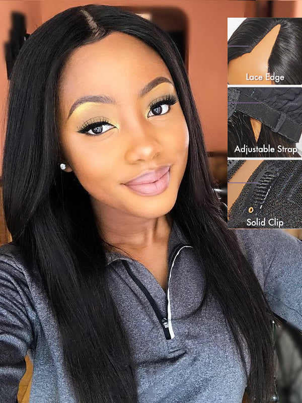 Kinky Straight V Part Wig Human Hair Wigs for Black Women Glueless None Lace Front Wig Middle Part Brazilian Hair Clip in Half Wig