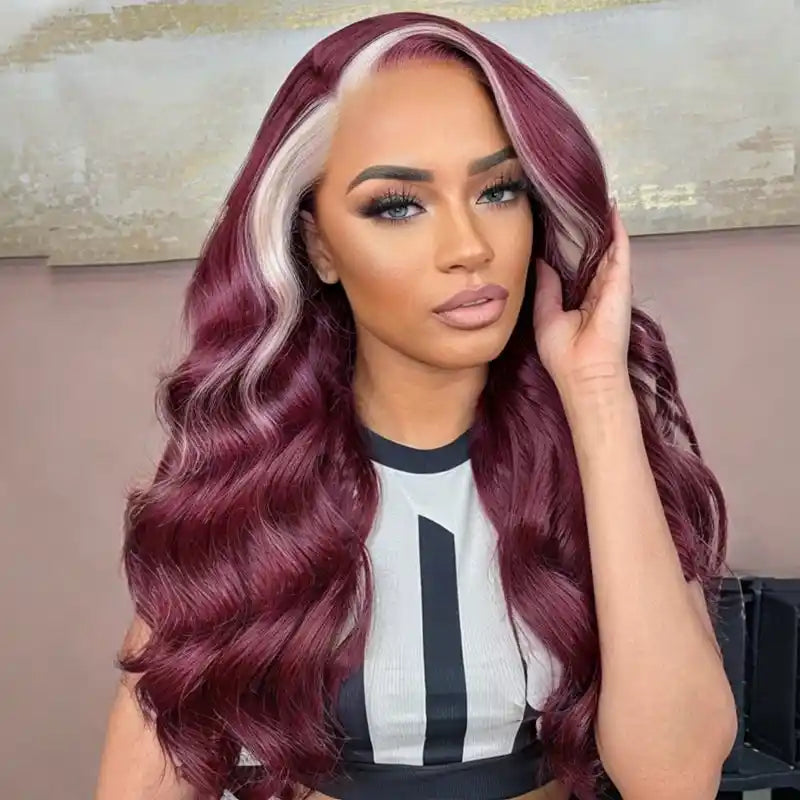 Dorsanee Hair 13x4 Lace Frontal Skunk Stripe Wig #613/99J Burgundy Color Highlight Body Wave Human Hair Wig