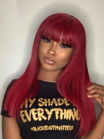 99J Burgundy Straight Wigs With Bangs Glueless Breathable Burgundy Colored Human Hair Wigs For Women