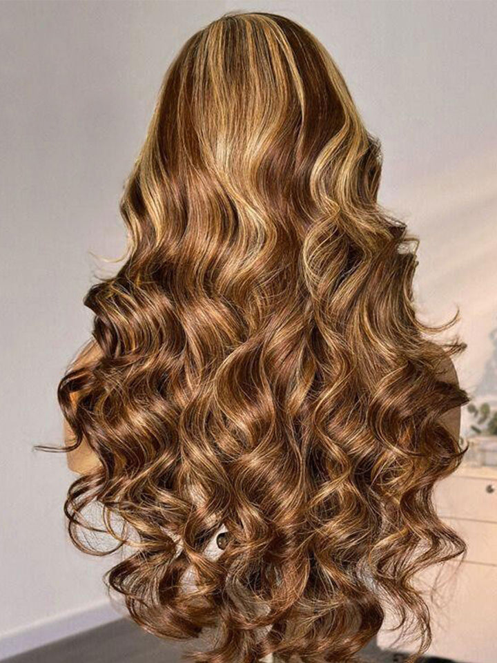 Dorsanee Honey Blonde Brown Highlight 13x4 Lace Frontal Body Wave Human Hair Wigs