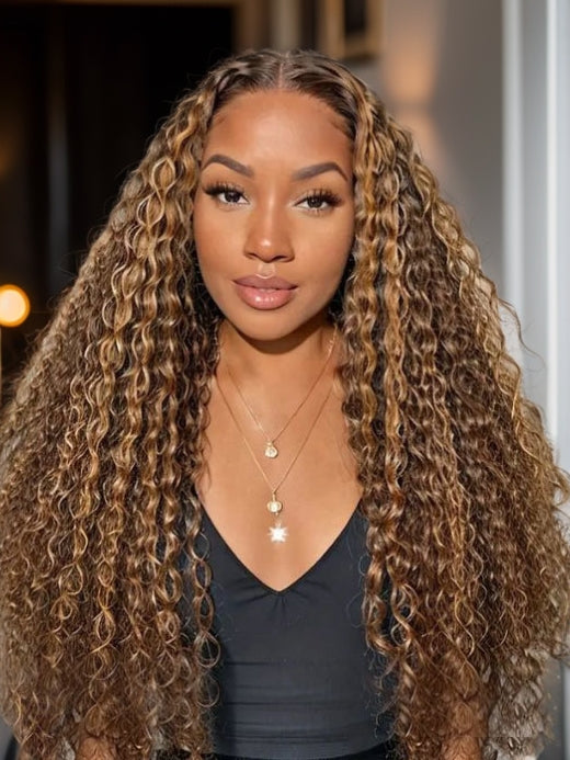 Highlight #P4/27 Deep Wave Honey Blonde With Brown Highlight 5x5/13x4 Lace Front Wig Human Hair