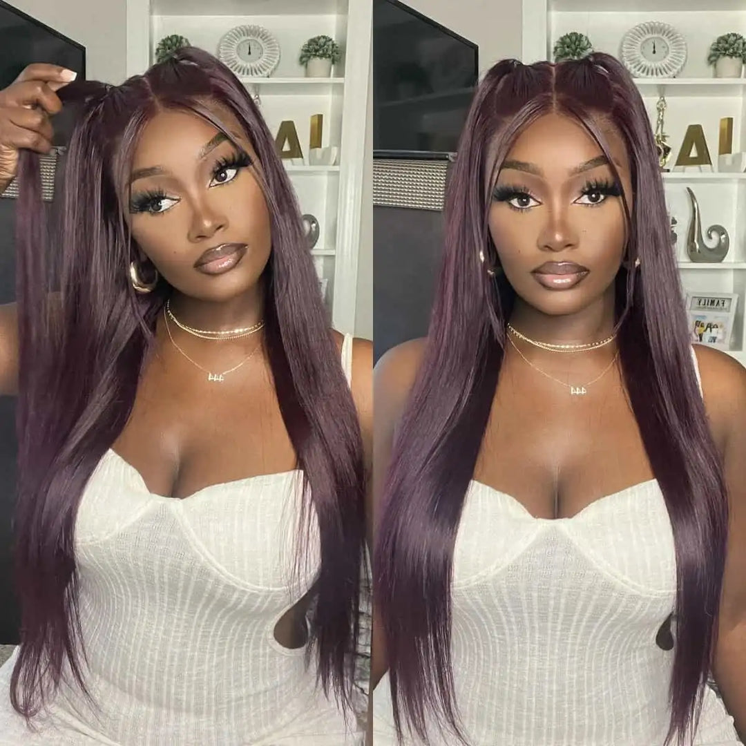 Dorsanee Hair Dark Purple Plum Color Wigs Straight 13x4 Transparent Lace Frontal Wigs Human Hair Wigs
