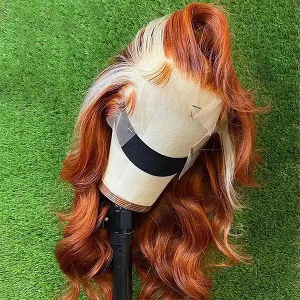 Dorsanee Hair Ginger Orange Blonde Skunk Stripe 13x4 Body Wave HD Transparent Lace Front Human Hair Wig