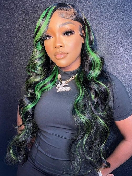 Dorsanee Skunk Stripe Green Black Highlights 13x4 Lace Front Body Wave Human Hair Wigs