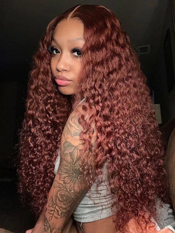 Copper Brown Spanish Curly Tranparent Lace Wigs Deep Hairline 100% Human Hair Auburn / Reddish Brown Lace Front Wigs