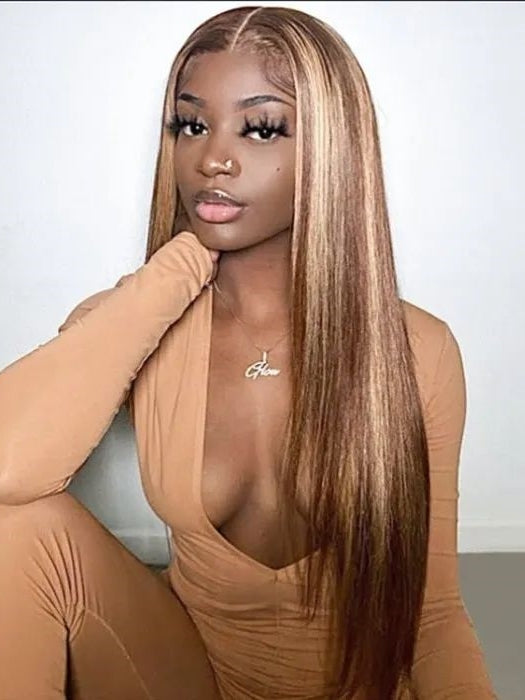 Honey Blonde Highlight Color Straight Hair 13X4 Lace Front Wigs with Baby Hair Human Hair Wigs