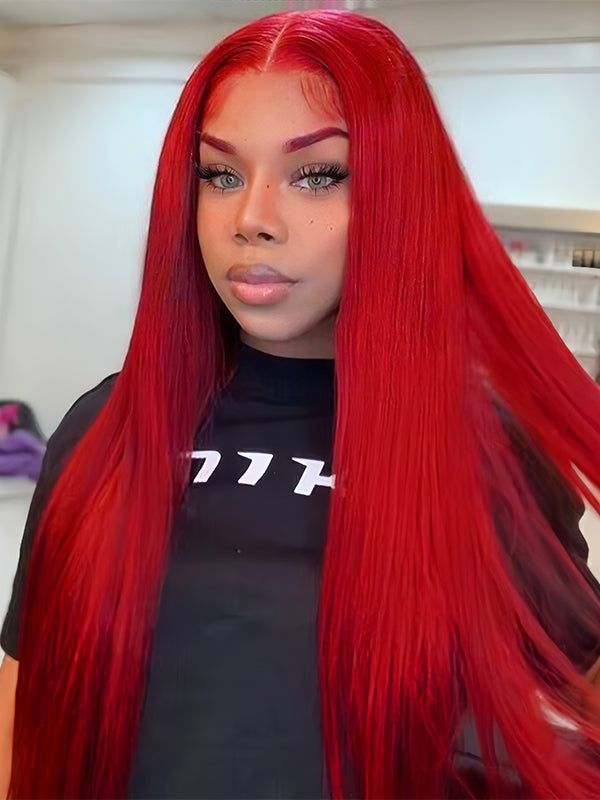 Dorsanee Red 13x4 Lace Front Human Hair Wigs Brazilian Straight Pre Plucked HD Transparent Lace Frontal 200% Density Human Hair Wig
