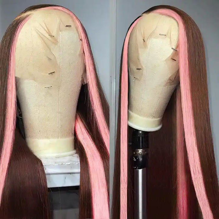 Dorsanee Hair Skunk Stripe 13x4 Lace Front Wig #4 Chocolate Color With Pink Straight Human Hair Wig