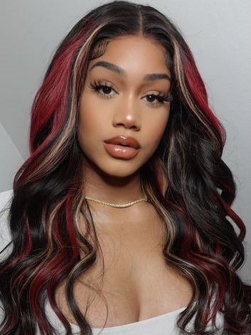 Dorsanee Multi Color Highlight Black With Blonde Red Streaks Wigs Body Wave 13x4 Lace Front Wigs
