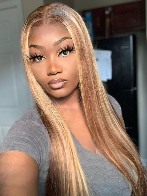 Honey Blonde Highlight Straight Pre-Cut Glueless Lace Wig Wear & Go Human Hair Wigs