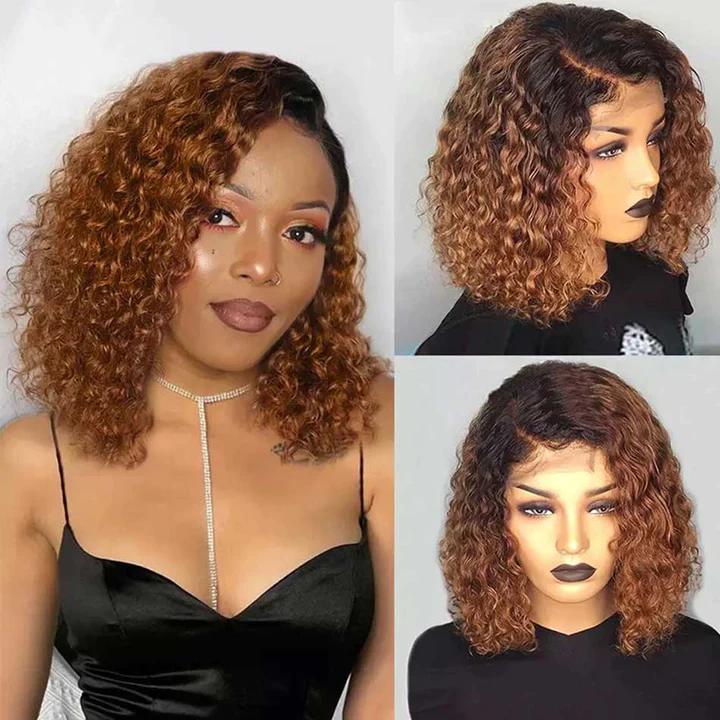 Dorsanee 13x4/4x4 1B/30# Ombre Colored Lace Front Closure Wigs Short Curly Human Hair Bob Frontal Wigs 180% Denisty - Dorsanee Hair