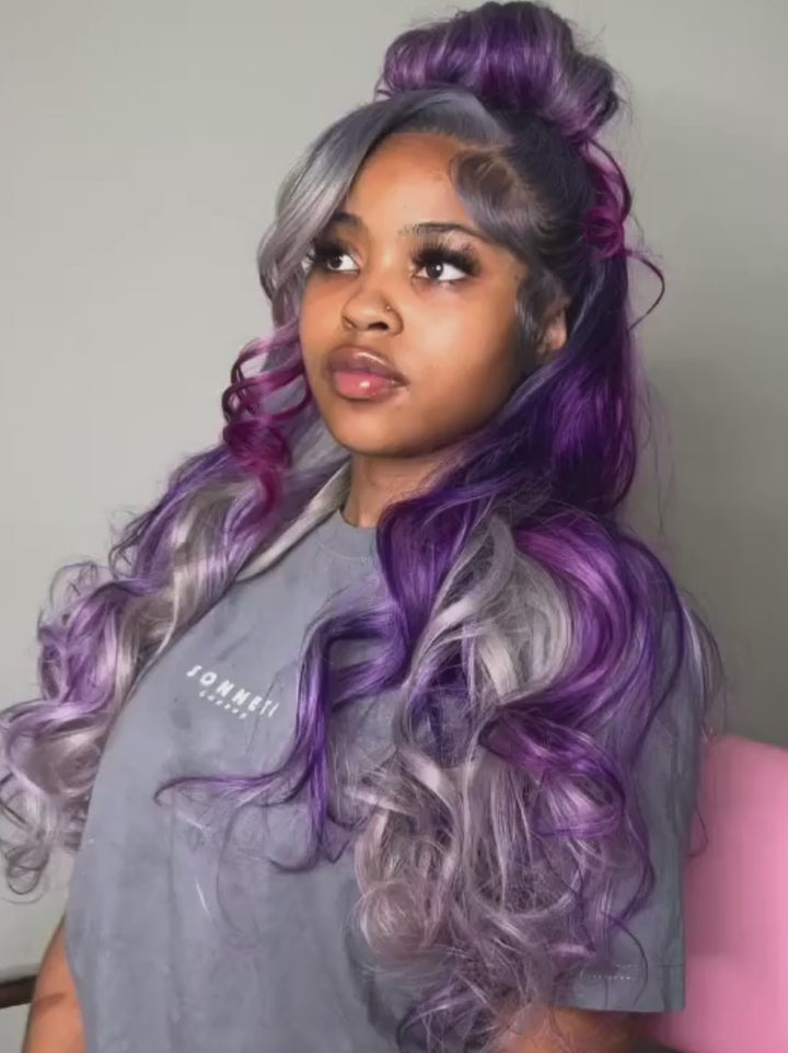 Dorsanee Gray Purple Highlight Streaks Body Wave 13x4 Lace Front Human Hair Wig