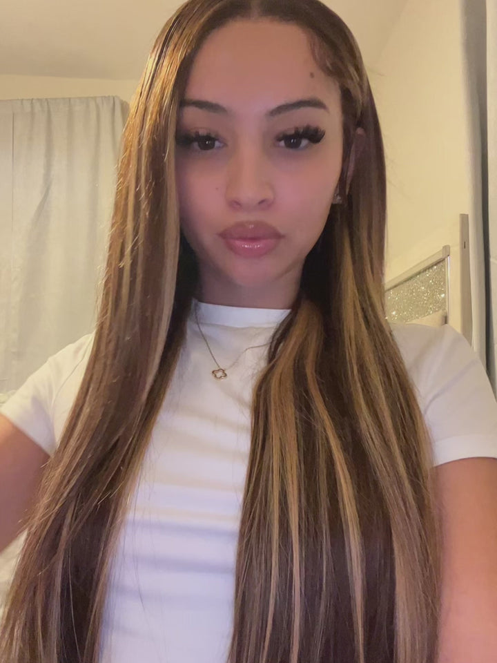 jaydaliciious tiktok video Long Straight Brown Hair with Blonde Highlights Glueless Lace Front Wig