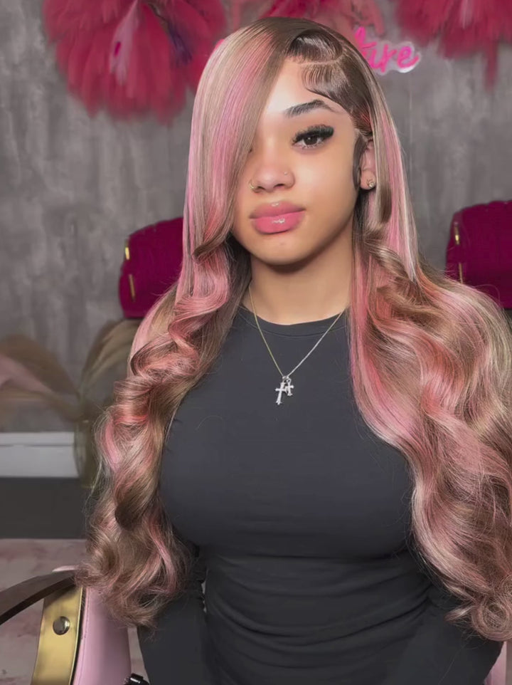 Dorsanee Chocolate Brow Pink Highlight Streaks 13x4 Lace Front Virgin Human Hair Wig
