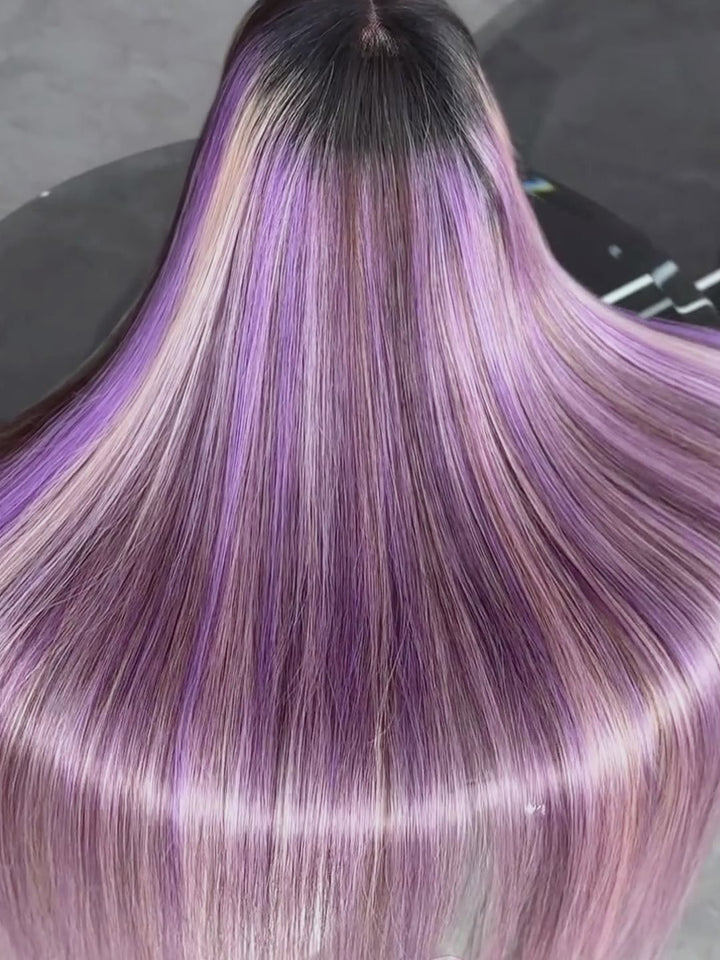 Dorsanee Black With Purple Lavender Highlights Dark Root 13x4 Lace Front Human Hair Wigs