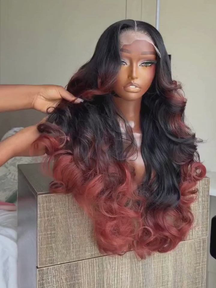 Dorsanee Ombre Black Rose Copper Red 250 300 Density 13x4 Lace Front Human Hair Wig