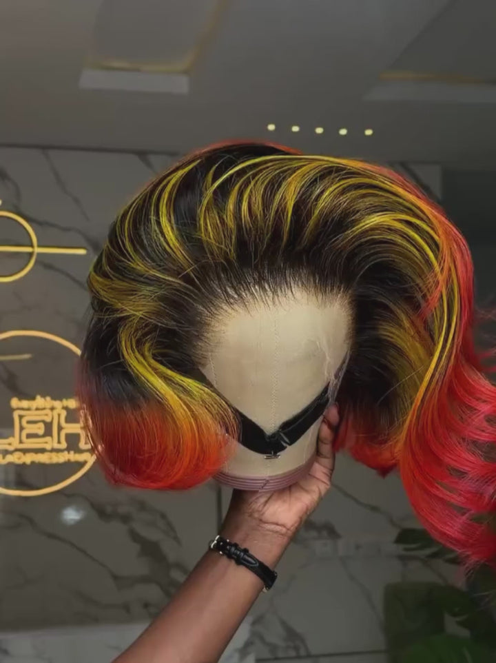 Dorsanee Ombre Black Copper Red With Yellow Highlights 8 10 12 inch Short Bob 13x4 Lace Front Human Hair Wig