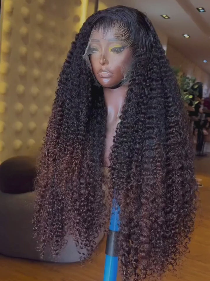 Dorsanee Ombre Black Chocolate Brown Burmese Kinky Curly 300 Density 13x4 Lace Front Human Hair Wigs