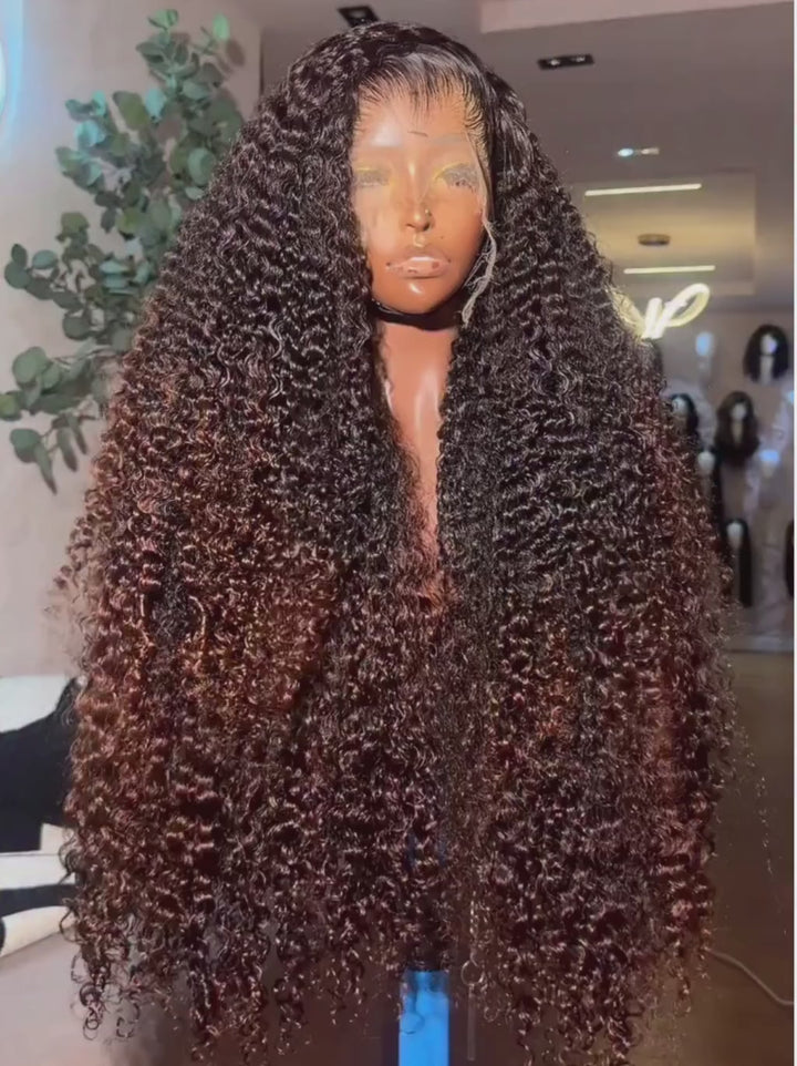 Dorsanee Ombre Black Chocolate Brown Burmese Kinky Curly 300 Density 13x4 Lace Front Human Hair Wigs