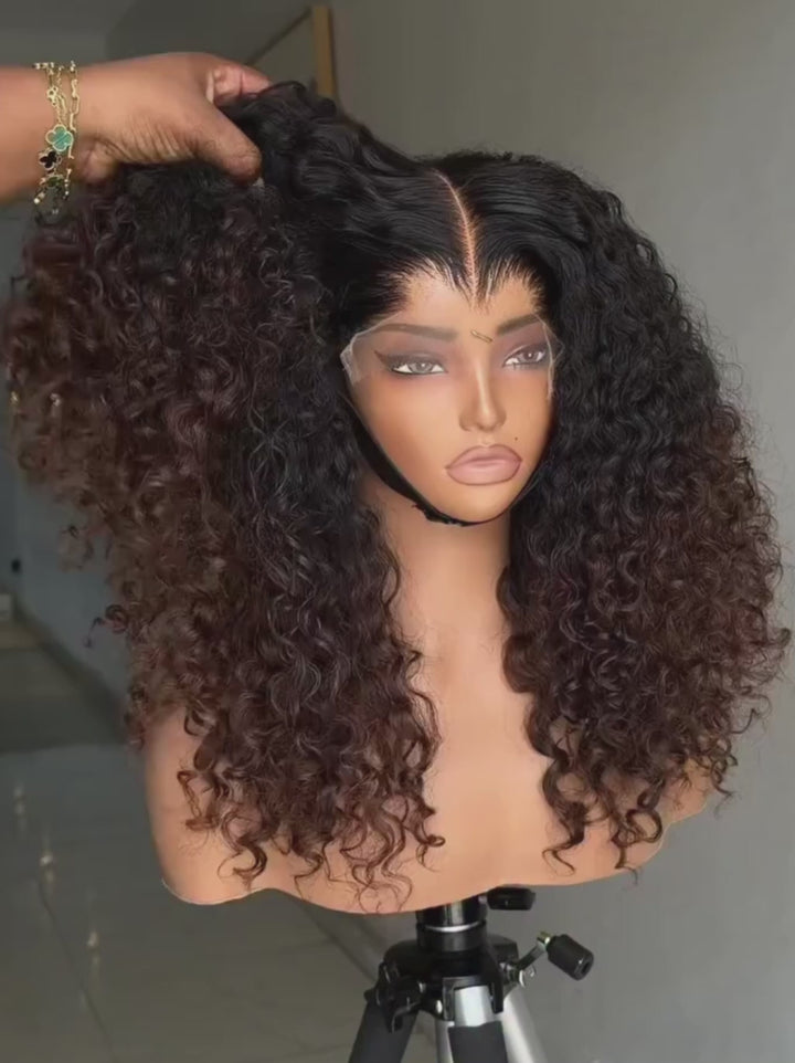 Dorsanee Bouncy Springy Coils Tight Curly Ombre Black Brown 300 Density 13x4 Lace Front Human Hair Wig