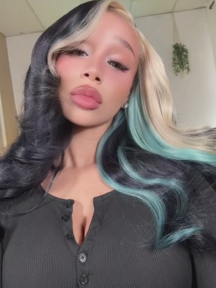 Dorsanee Black Platinum Blonde Split Teal Aqua Blue Money Piece Highlights 13x4 Lace Front Human Hair Wig