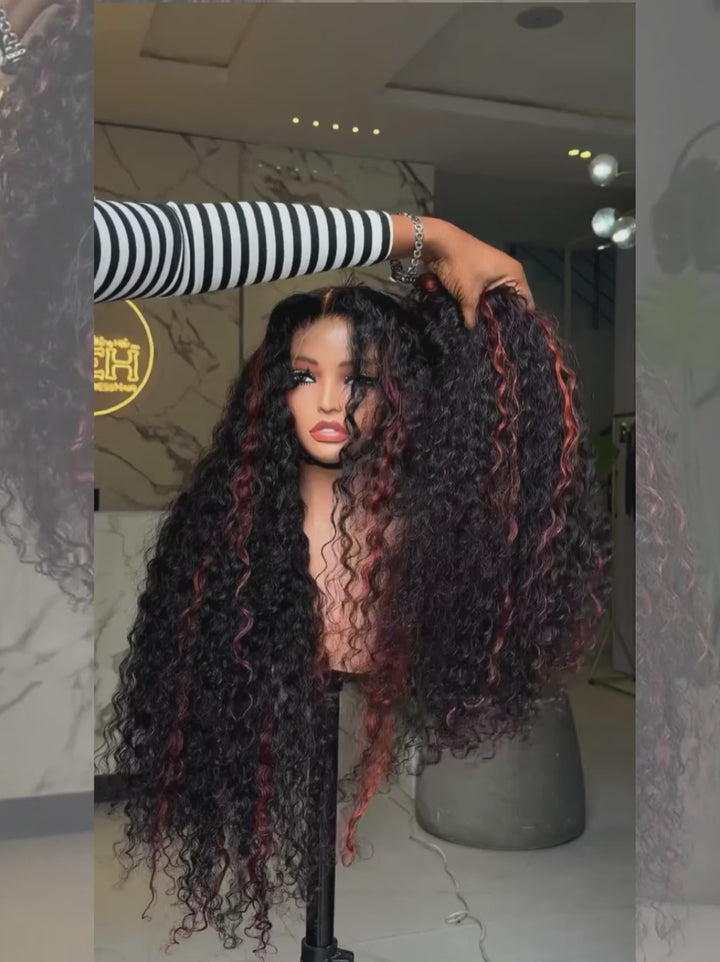Dorsanee Black Cherry Red Highlights Deep Curly Wave 300 Density 13x4 Lace Front Human Hair Wigs
