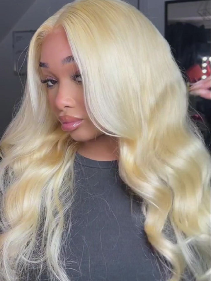 24 inch Curtain Bangs 613 Blonde 13x4 Transparent Lace Front Human Hair Wigs