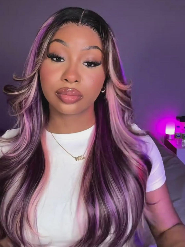 Dorsanee Black With Purple Lavender Highlights Dark Root 13x4 Lace Front Human Hair Wigs