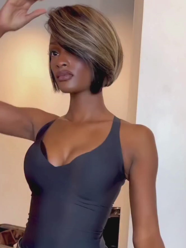 Dorsanee Short Bob Pixie Cut Black With Brown Highlights 13x4 Lace Front Virgin Human Hair Wigs