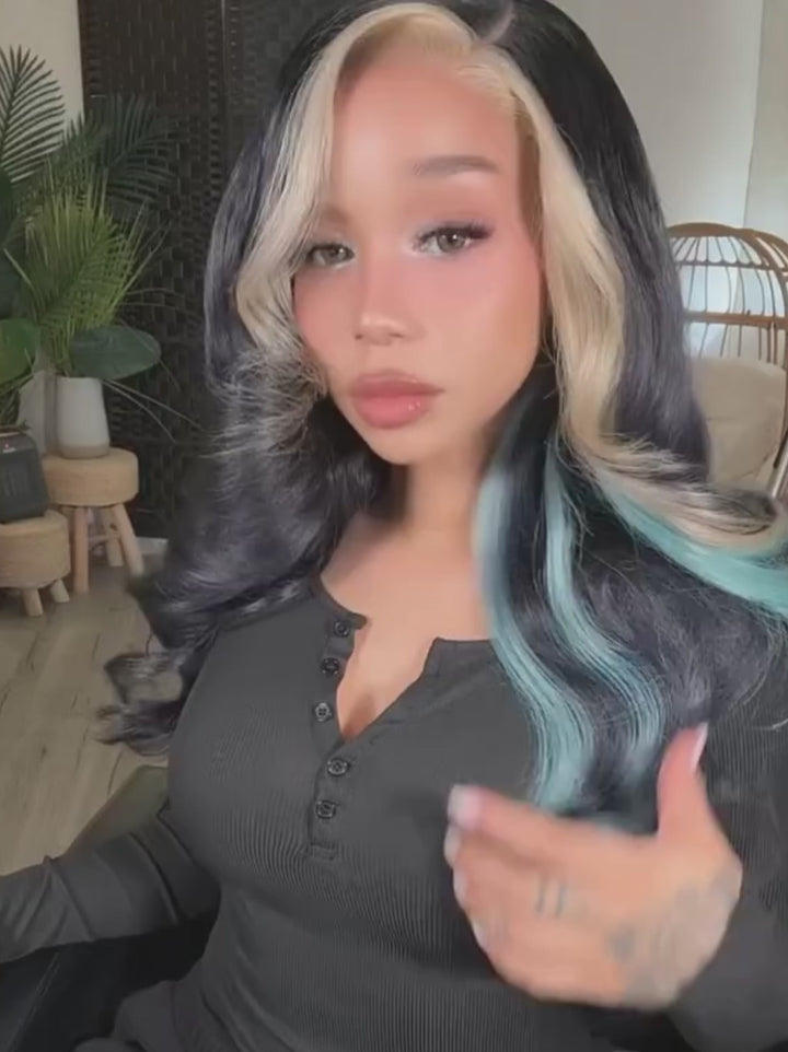 Dorsanee Black Platinum Blonde Split Teal Aqua Blue Money Piece Highlights 13x4 Lace Front Human Hair Wig