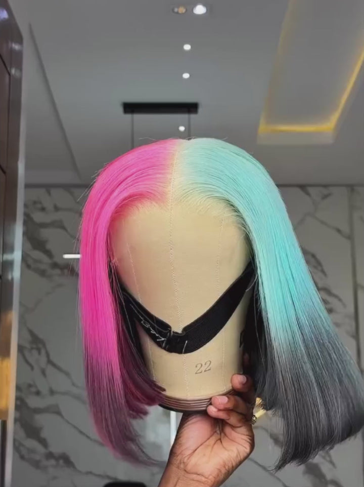 Dorsanee Ombre Half Pink Half Green Black Split Dye 8 10 12 inch Short Bob 13x4 Lace Front Human Hair Wig
