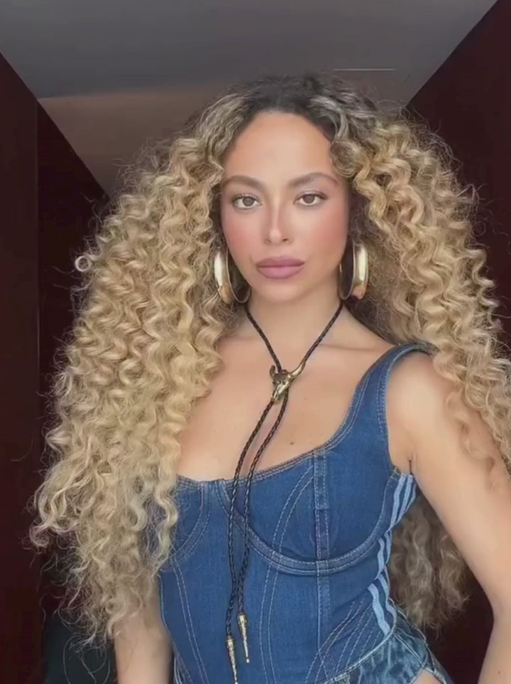 Dorsanee Strawberry Honey Blonde With Dark Roots Bohemian Spring Loose Curl Virgin Human Hair Wigs