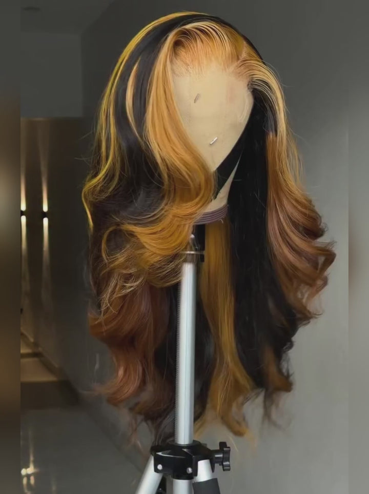 Dorsanee Dark Brown Golden Blonde Highlight Body Wave Lace Front Human Hair Wig