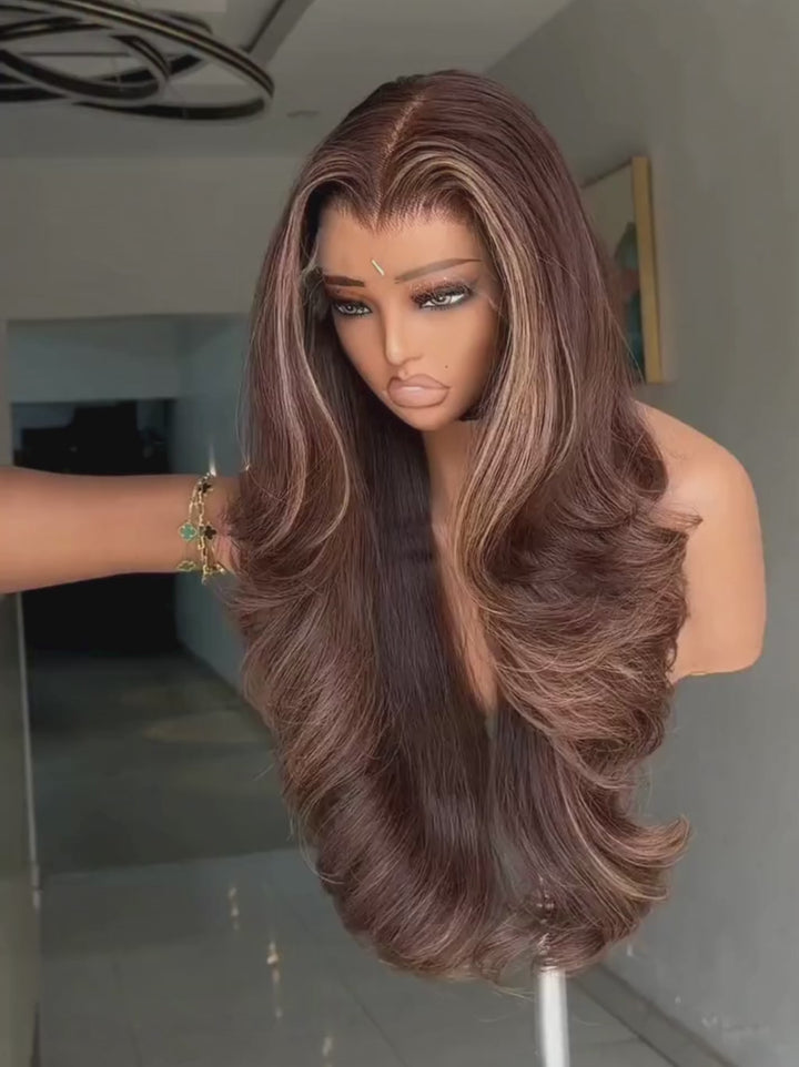 Dorsanee Chocolate Chestnut Brown With Caramel Honey Blonde Highlights 13x4 Lace Front Human Hair Wig