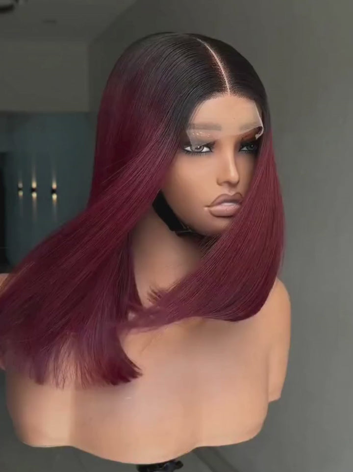 Dorsanee 8 10 12 inch Short Bob Burgundy Red With Dark Roots 13X4 Lace Front Human Hair Wigs