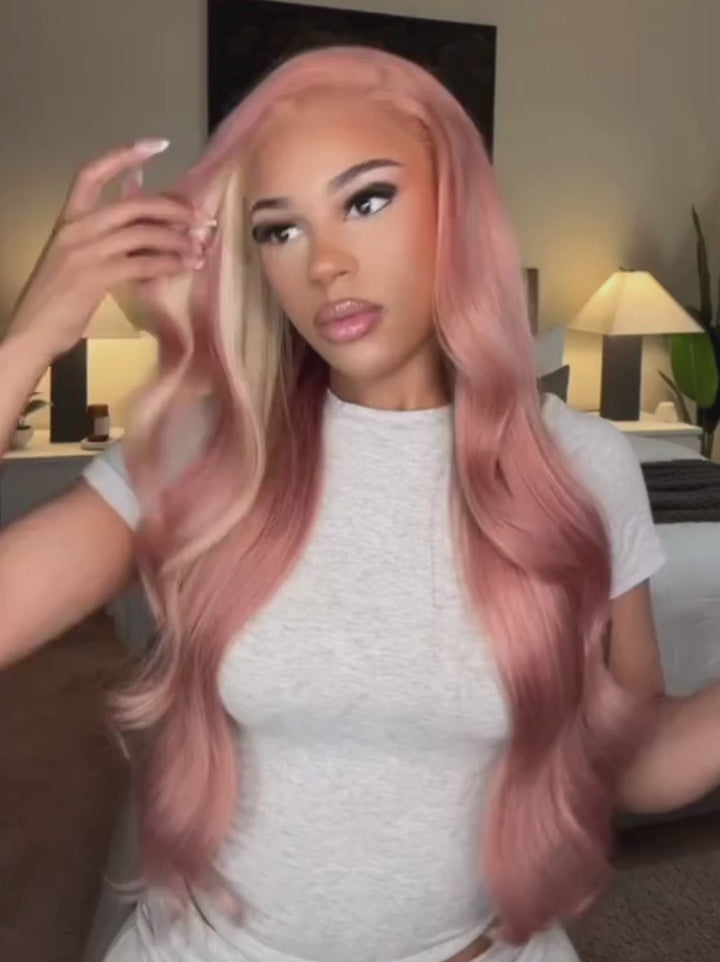 Dorsanee Highlights Blonde & Pink Skunk Stripe Colored Body Wave 13x4 Lace Frontal Wig