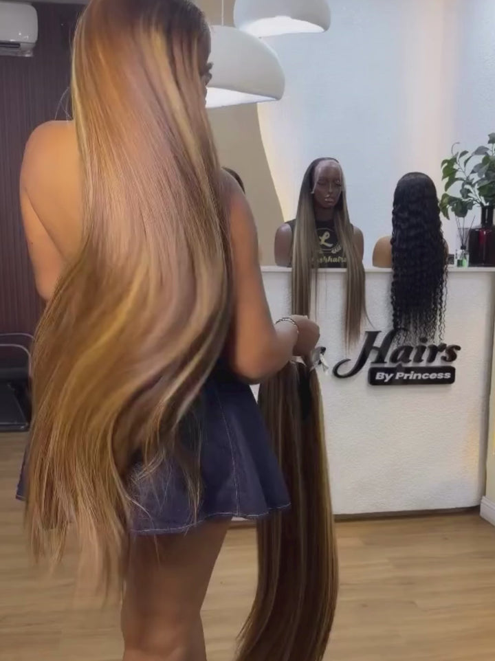 Dorsanee Honey Blonde Brown Highlights 42 40 38 36 34 32 30 inch Knee Length 13x4 Lace Front Human Hair Wigs