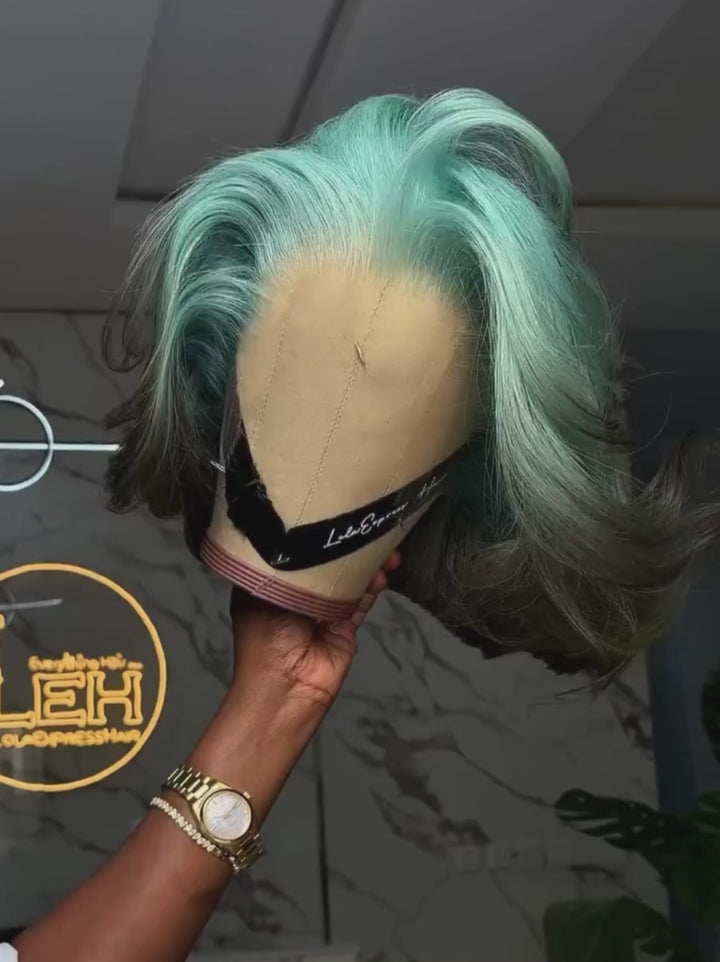 Dorsanee Ombre Pastel Green Black 8 10 12 inch Short Bob 13x4 Lace Front Human Hair Wig