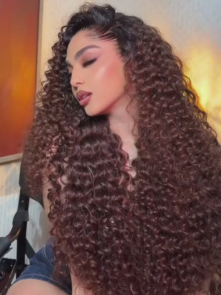 Dorsanee 300 Density Dark Auburn Brown Deep Curly 13x4 Lace Front Human Hair Wig