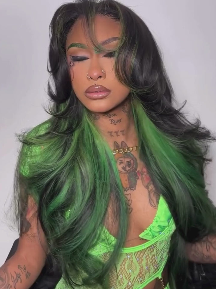 Dorsanee Black With Emerald Green Highlights Face-Framing  Luxury Layered Blowout 13x4 Lace Front Human Hair Wigs
