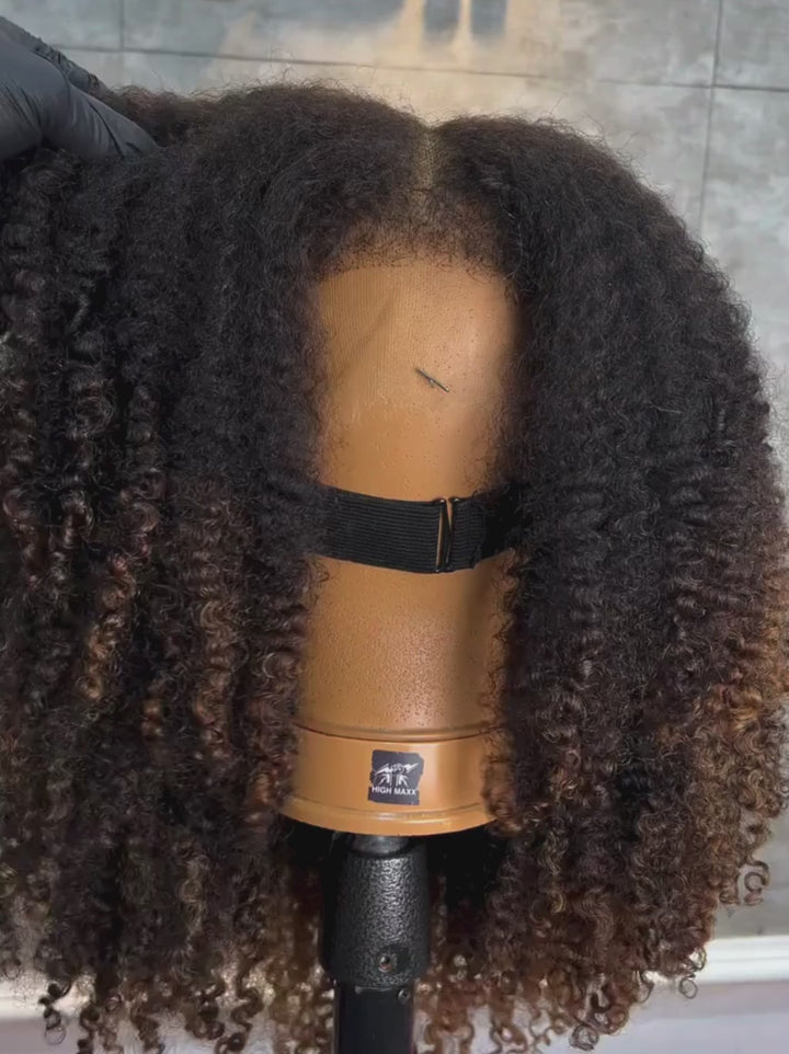 Dorsanee Ombre Black Brown Fluffy Kinky Curly Coils Short Bob 4x4 Lace Frontal Human Hair Wigs