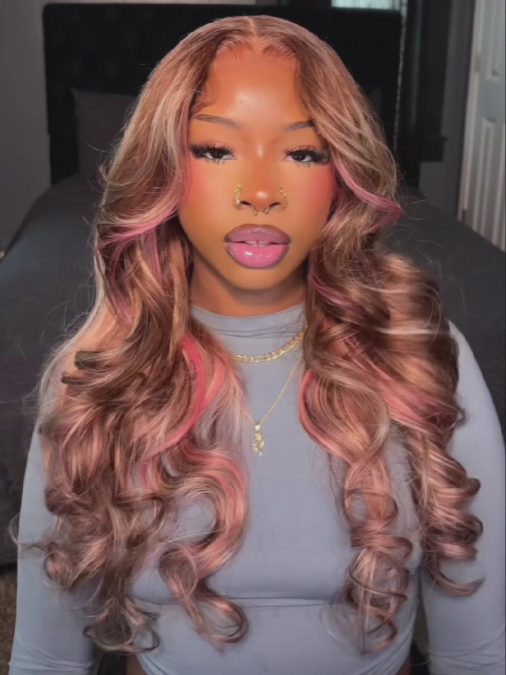 kianabratdoll_' Pink Blonde Brown Highlights 13x4 Lace Front Body Wave Hair Wig