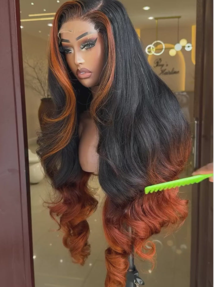 Dorsanee Ombre Black Copper Orange Skunk Stripe Straight Wavy 300 Density 13x4 Lace Front Human Hair Wigs