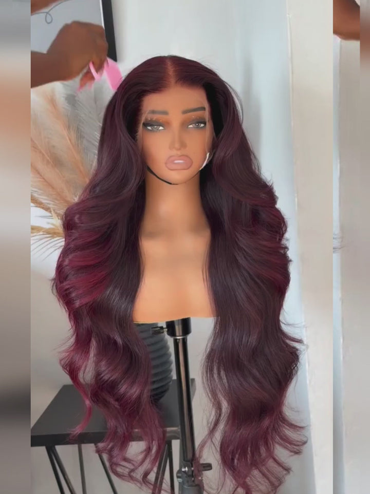 Dorsanee Dark Burgundy Red Loose Wavy 300 Density 13x4 Lace Front Human Hair Wigs