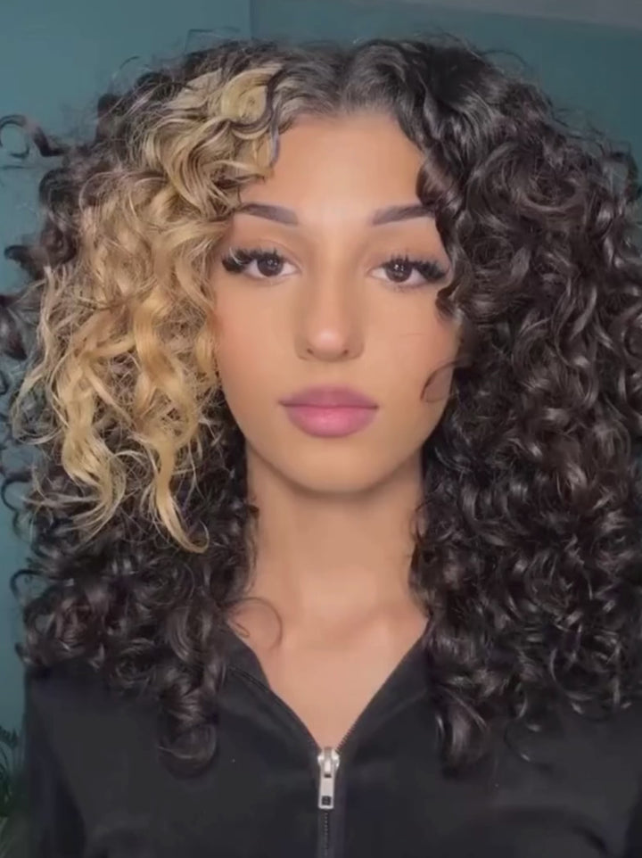 Dorsanee Black With Brown Streaks Short Bob Bouncy Curls 13x4 Lace Front Human Hair Wigs